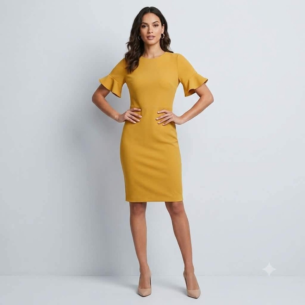 Calvin Klein Size 8 Mustard Yellow Ruffle Sleeve Sheath Dress Gold Zip